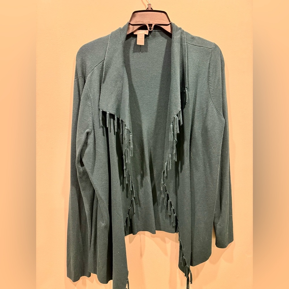 Chico's Teal Open-Front Fringe Cardigan